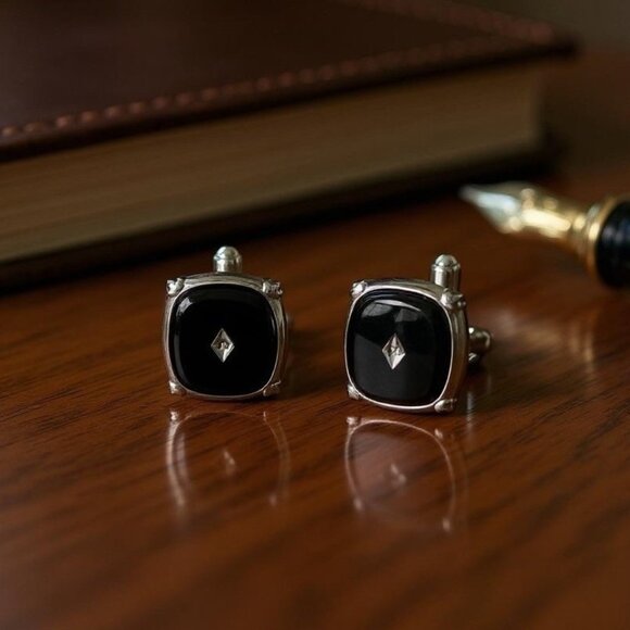 VIntage Shields Mens Cufflinks Black Glass Diamond Chip Silver Tone Mid Century - Picture 1 of 10